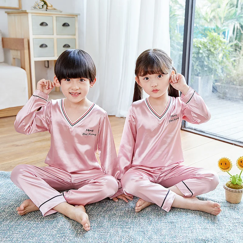 Laste Pidžaama Tüdruk Set 2019 aasta Sügisel, Talvel Võltsitud Silk Lapsed Sleepwear V-kaelus Pikk Varrukas Mugav Poiss Nightwear Pikk Pant