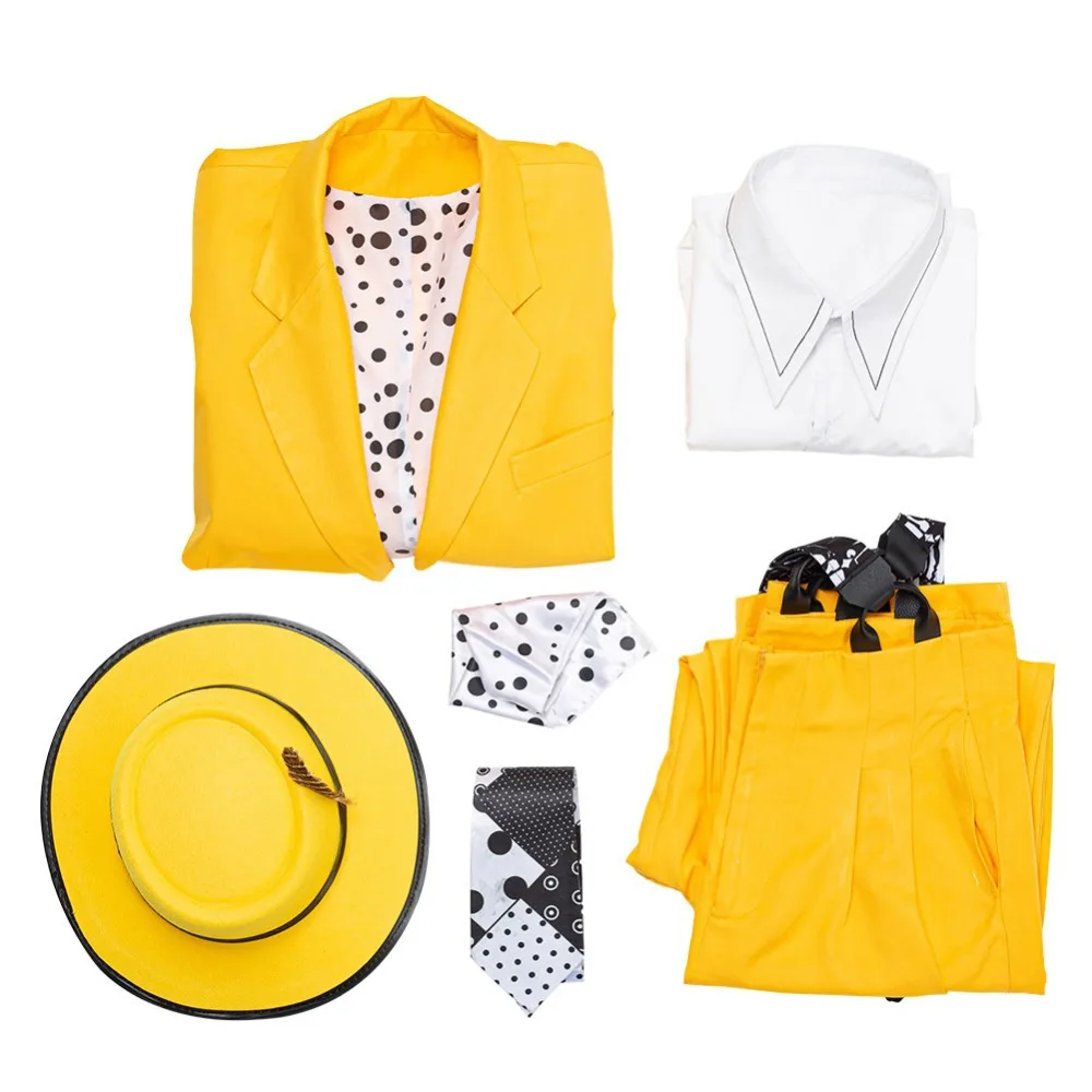 Mask Jim Carrey cosplay kostüüm ühtne meeste Halloweeni Karneval kollane ülikond, mantel + särk + püksid + Müts Komplekt