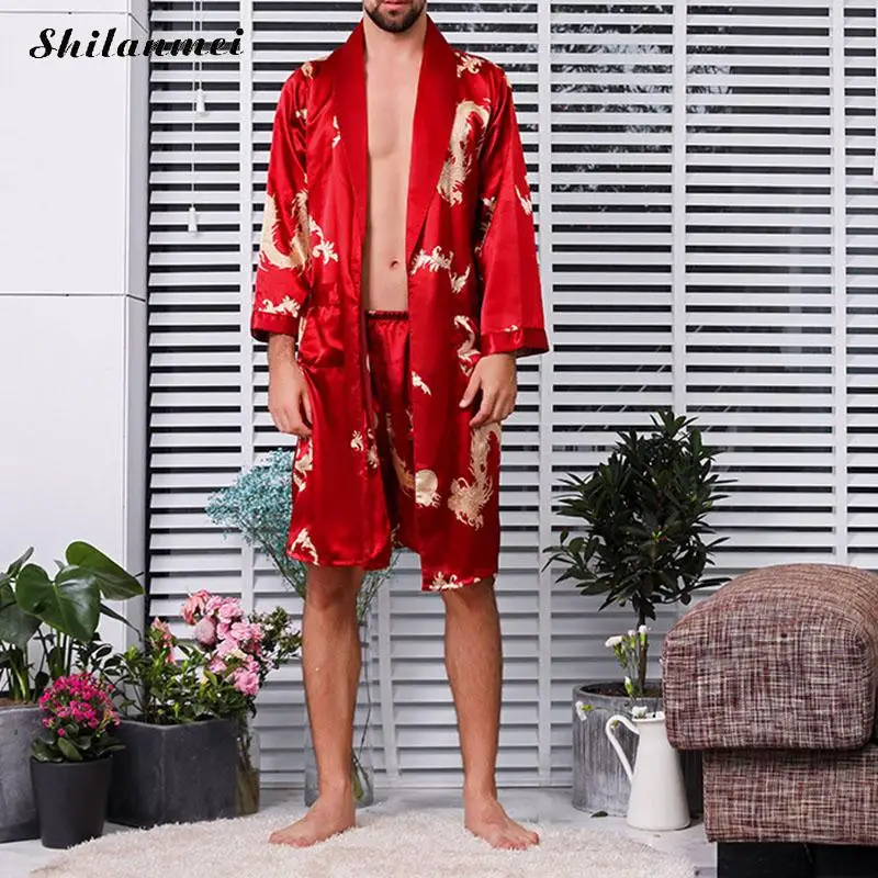 Meeste Silk Nightgowns lühikesed Püksid, Kahe-osaline Komplekt Pijamas Mees Suvel Õhuke ja Pika Varruka Dragon Satiin Pluss Suurus Riideid Hommikumantel Riided