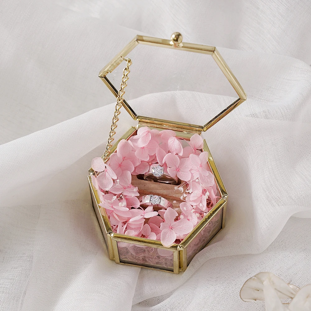 Messing Selge Klaas Treasure Box Kuld Kihlasormus Kandja Box Ilus Pulm Ansamblid Ringi Padi Maamees Ringi Omanik Flower Box