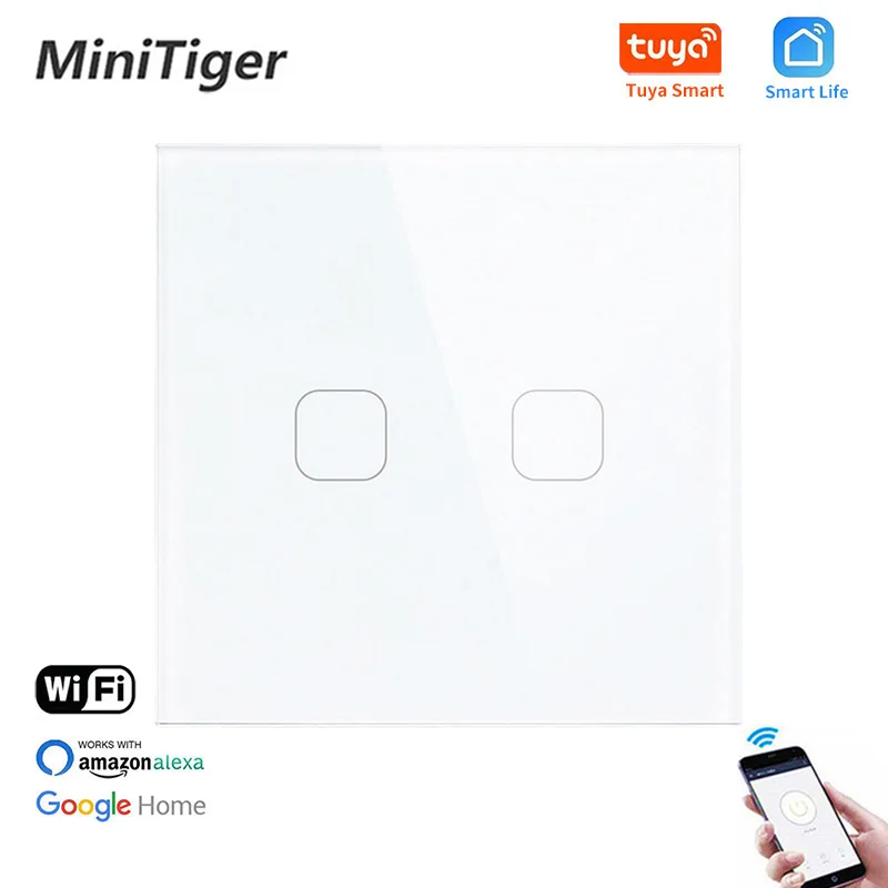 Minitiger Crystal Karastatud Klaasist EL Standard 2 Gang Tuya/Smart Elu WiFi Seina Light Touch Lüliti Traadita Kontrolli Touch Lüliti