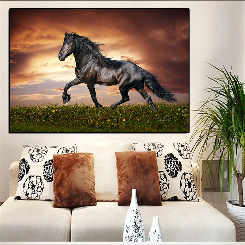 Must Hobune Töötab Loomade Kaasaegne Õli Lõuendil Maali Plakatid ja Pildid Cuadros Seina Art Pilte elutuba