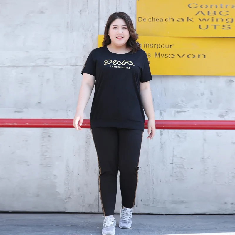 Naiste Suvine Fashion Korea Stiilis Lühikesed Varrukad Kirja Prindi Musta Värvi T-särk Ja Püksid Lady Suured 100KG Lihtne Sobitada Komplekti