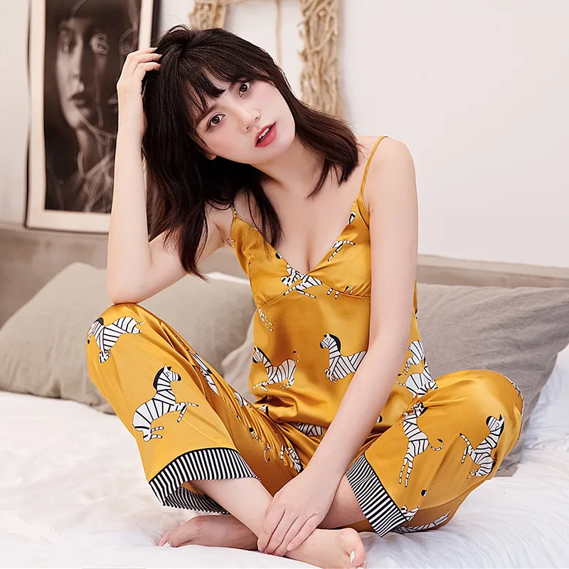 Naiste Trükitud Loomade Pidžaama 3 Tükki Komplekti Pyjama Suvel Satiin Sleepwear Faux Siidist HomeWear Magada Lounge Pidžaamad Naistele