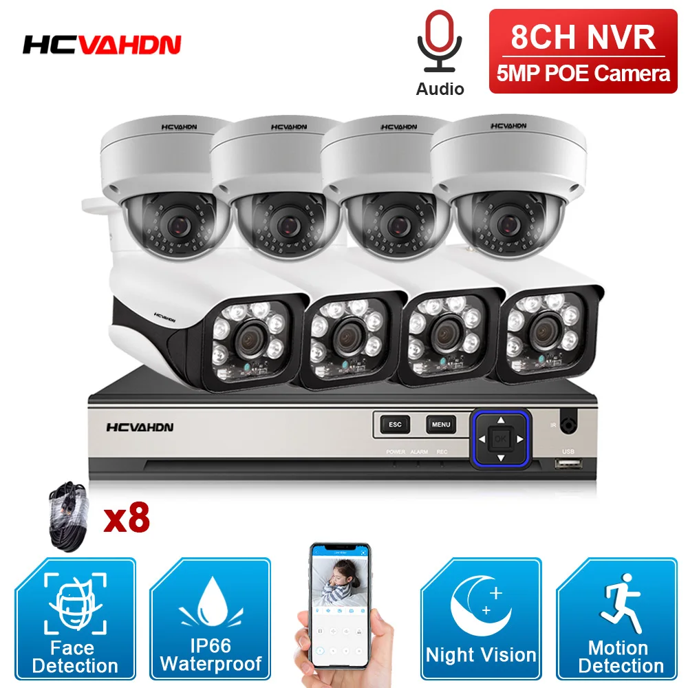 Nägu AI 8CH 5MP HD POE NVR Kit CCTV signalisatsioon kahesuunaline Audio Bullet & Dome POE IP-Kaamera Väljas P2P videovalve Komplekt