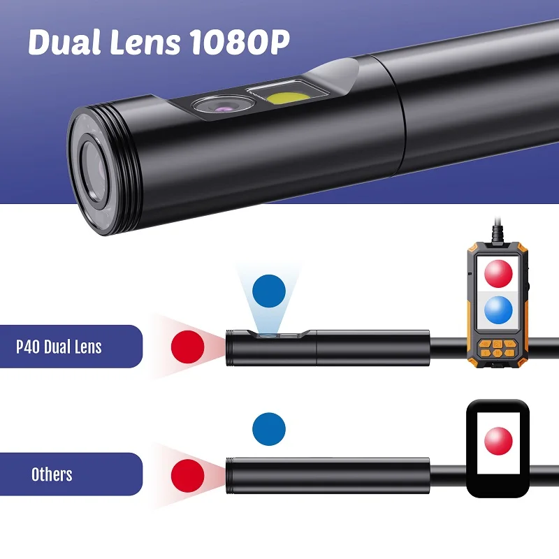 P40 Tööstus kontrolli endoscope Dual kaamera, 4,3-tolline IPS ekraan HD1080P 5,5 mm 8mm Semi-jäik kaabel Veekindel 2600 mAh