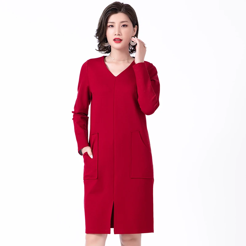 Punane Must Kleidid Naine, Pluss Suurus Riided 4xl 5xl 6xl Sügisel Ülepaisutatud V-Kaelus Pikk Varrukas, Millel on Taskud Pilu, prantsuse Kleit
