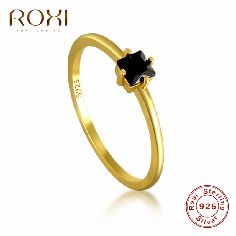 ROXI 925 Sterling Silver Square Must Kristall abielusõrmused Naiste Minimalistlik Õhuke Ring Finger Ringi Ehted Nikerdamist S925