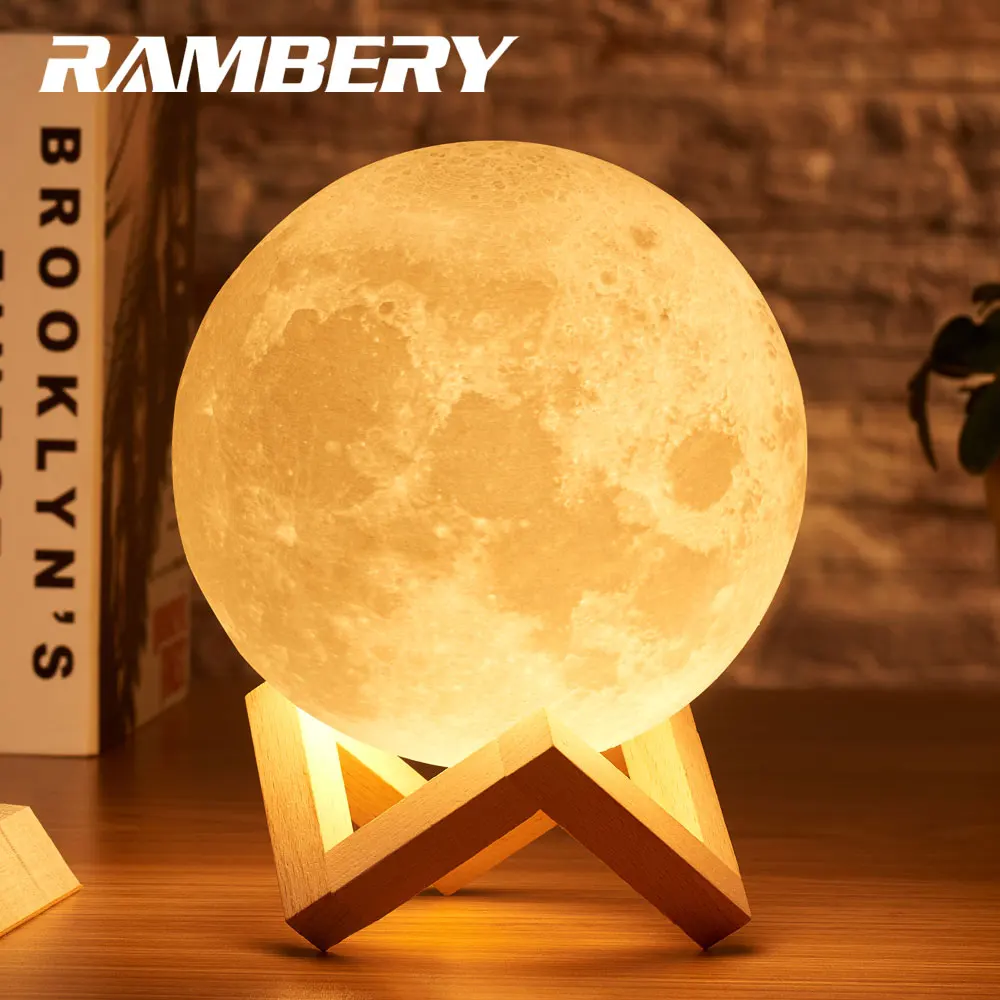 Rambery kuu lamp 3D print öö valguses Laetav 3 Värvi Puudutage Kontrolli tuli süttib 16 Värvi Muuta Remote LED täiskuu valgus kingitus