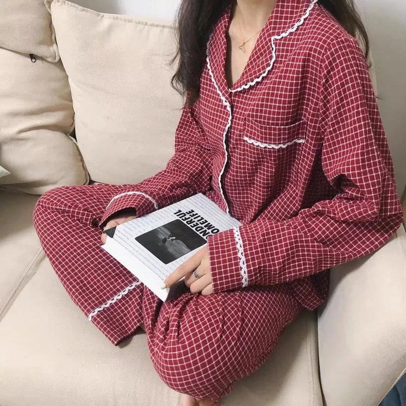 Ruuduline Kodu Sobiks uusaasta Pidžaama Tüdrukutele Pits korea Jõulud Sleepwear Pijamas Nightie Sommeil Tops Pidžaamad