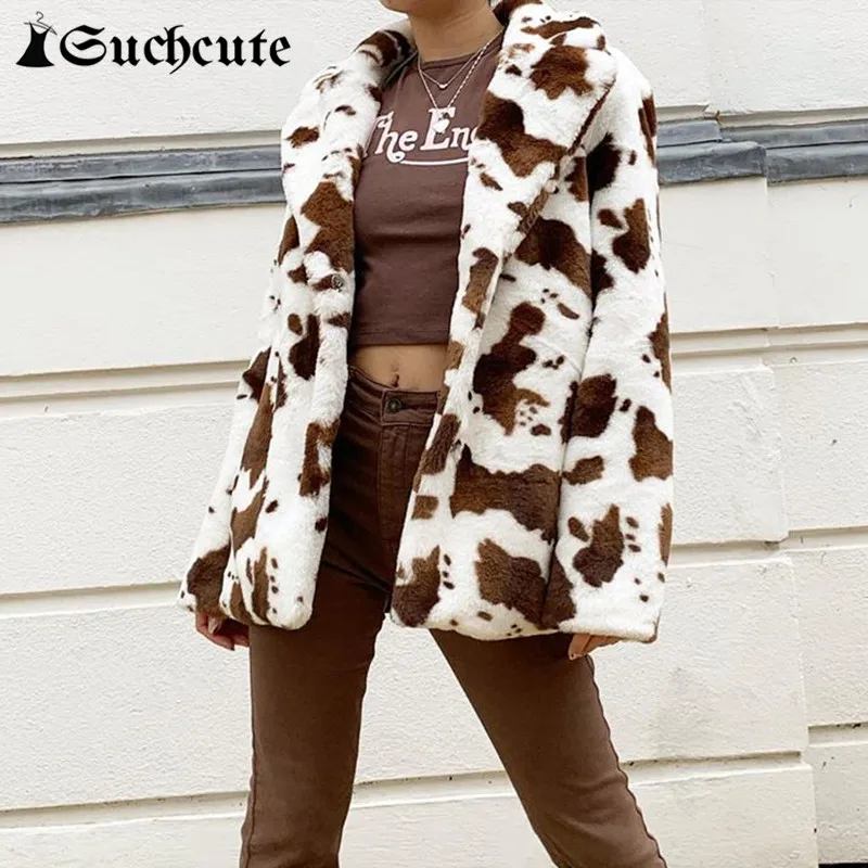 SUCHCUTE Leopard Printida Vabaaja Lahti Faux Fur Coat Naine Jope 2020. Aasta Talvel Streetwear Naine Kohev Overcoat Y2K Mood