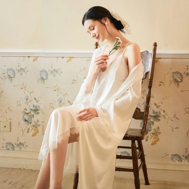Seksikas Pits Rüü Slim Sleepdress Seatud Pikk varrukas Noble Princess Palace Nightgowns Siidist Hommikumantel Naine Luksus Naiste Koju Riideid
