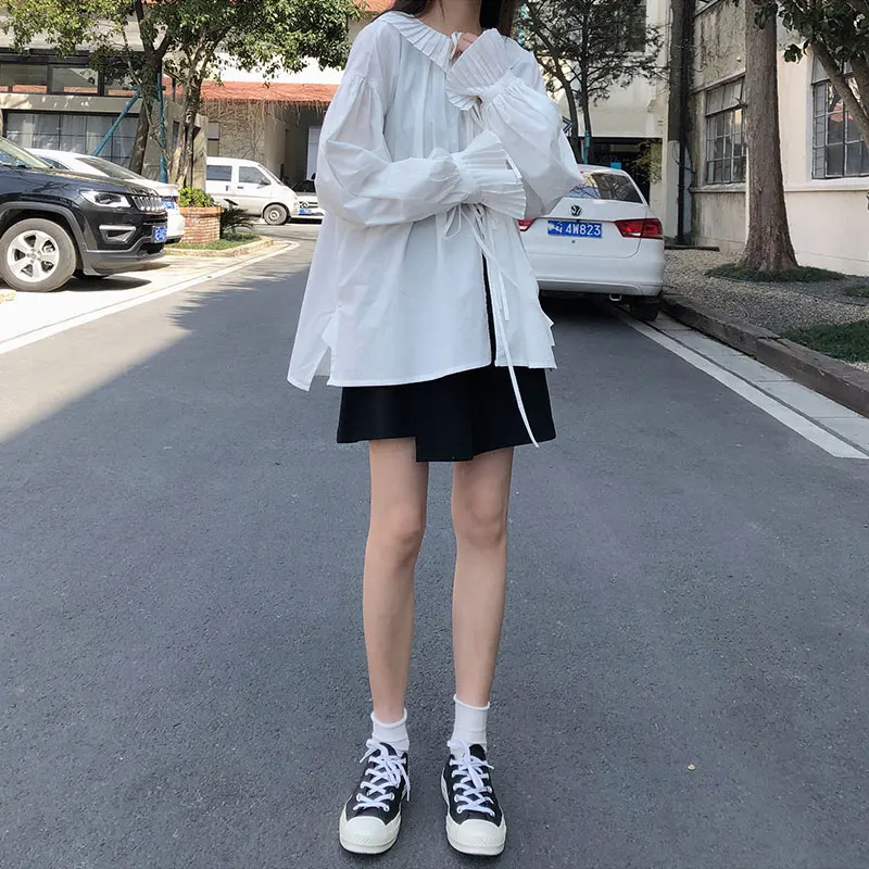 Soild värvi särk korea stiilis magus keera krae pikk varrukas pluusid naiste topid ja pluus 2020 outwear coats (X1560)