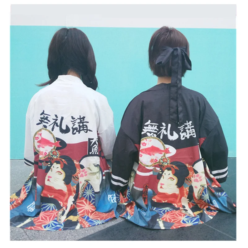 Suvel Jaapani Karpkala Särk Harajuku Kimono Naine Streetwear Must Valge Kampsun Riided