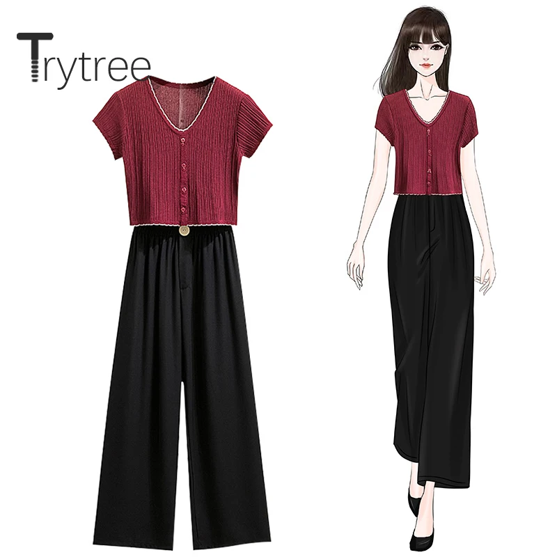 Trytree 2020. aasta Suvel Naisi, kahe-osaline komplekt, Vabaaja V-kaeluse kudumine Nuppu, Top + Püksid Tahke Lai jalg püksid Fashion 2-osaline Komplekt