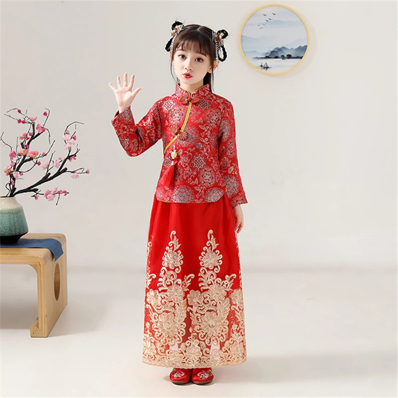 Tüdruk kleit suur punane tüdruk cheongsam Kevadel Festivali pidulik pikkade varrukatega pulm väike lilleneiu Hiina cheongsam ципао