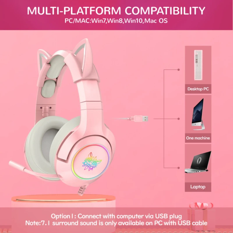 Uus K9 Must/Roosa Deemon Versioon Kass Kõrva Gaming Kõrvaklapid Koos Mikrofoniga RGB Helendav Mobiiltelefoni Arvuti Müra Vähendamine Peakomplekt