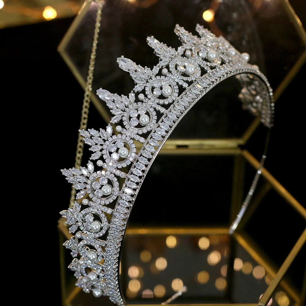 Uus mood 3A tsirkooniumoksiid pearl crown pruudi tiara pulm kleit princess tiara juuksed tarvikud