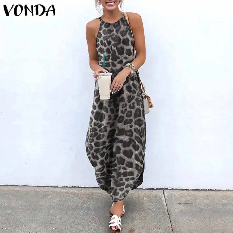 VONDA 2021 Vintage Kleit Suvel Seksikas Varrukateta Leopard Trükitud Maxi Pikad Kleidid Pluss Suurus Bohemian Vestidos Beach Sundress