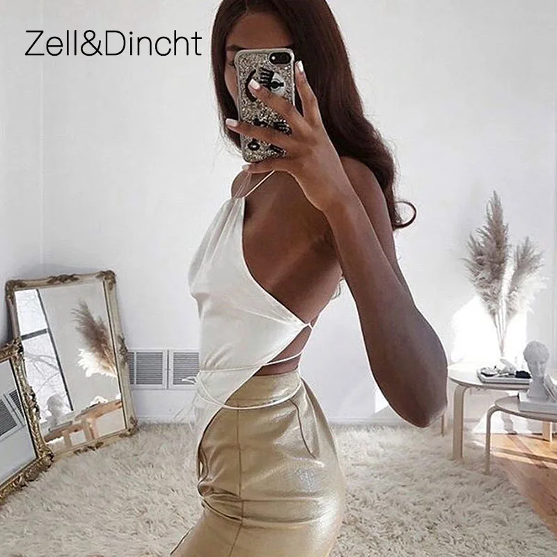 Zell&Dincht White Satin Seksikas Päitsed Crop Top Naiste Suvel Backless Risti Sidemega Camis Tee Naine Streetwear Basic Tank Tops