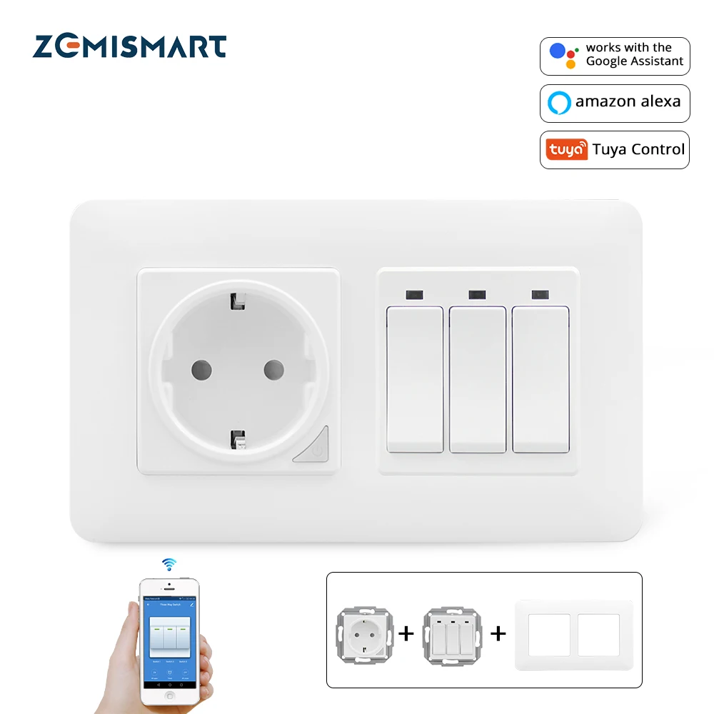 Zemismart 3 Gang Smart Switch ELI Socket Toetus Tuya APP Kontrolli Alexa Echo Google Home kontrolli Timer Control