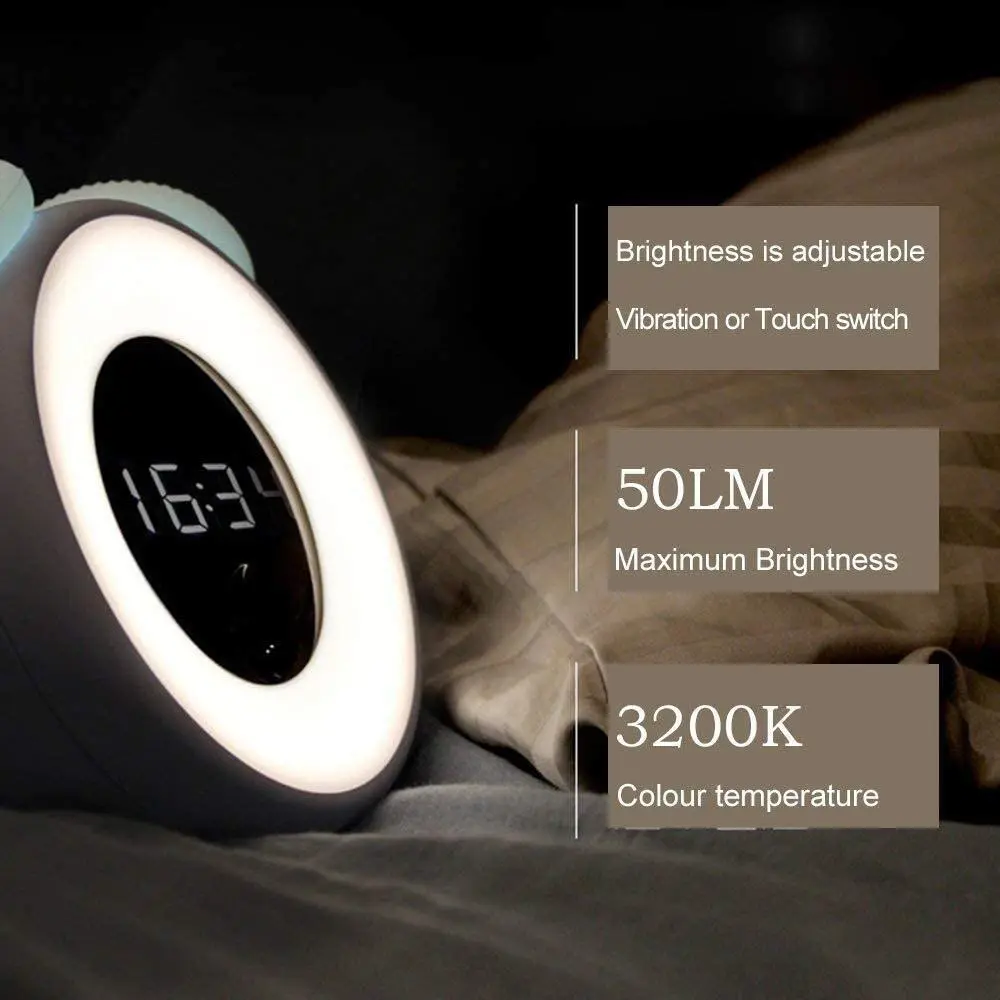 Ärgata Tuli Kell LED Digitaalne Äratuskell Tabel Lamp koos Päikeseloojangu Režiim Night Light Lastele Magamistuba Decor Laual Häire Vaadata